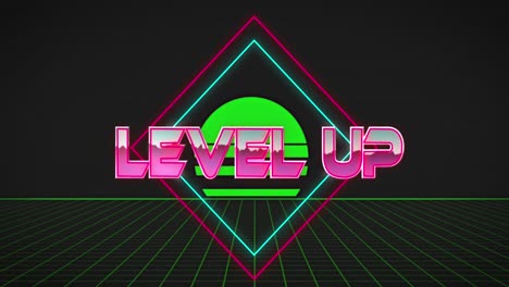 animation of level up text banner over neon sqaure shapes and grid network on black background