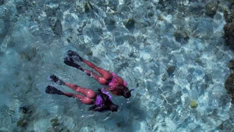 two women snorkeling over clear blue waters surrounded by coral reefs, top-down aerial view