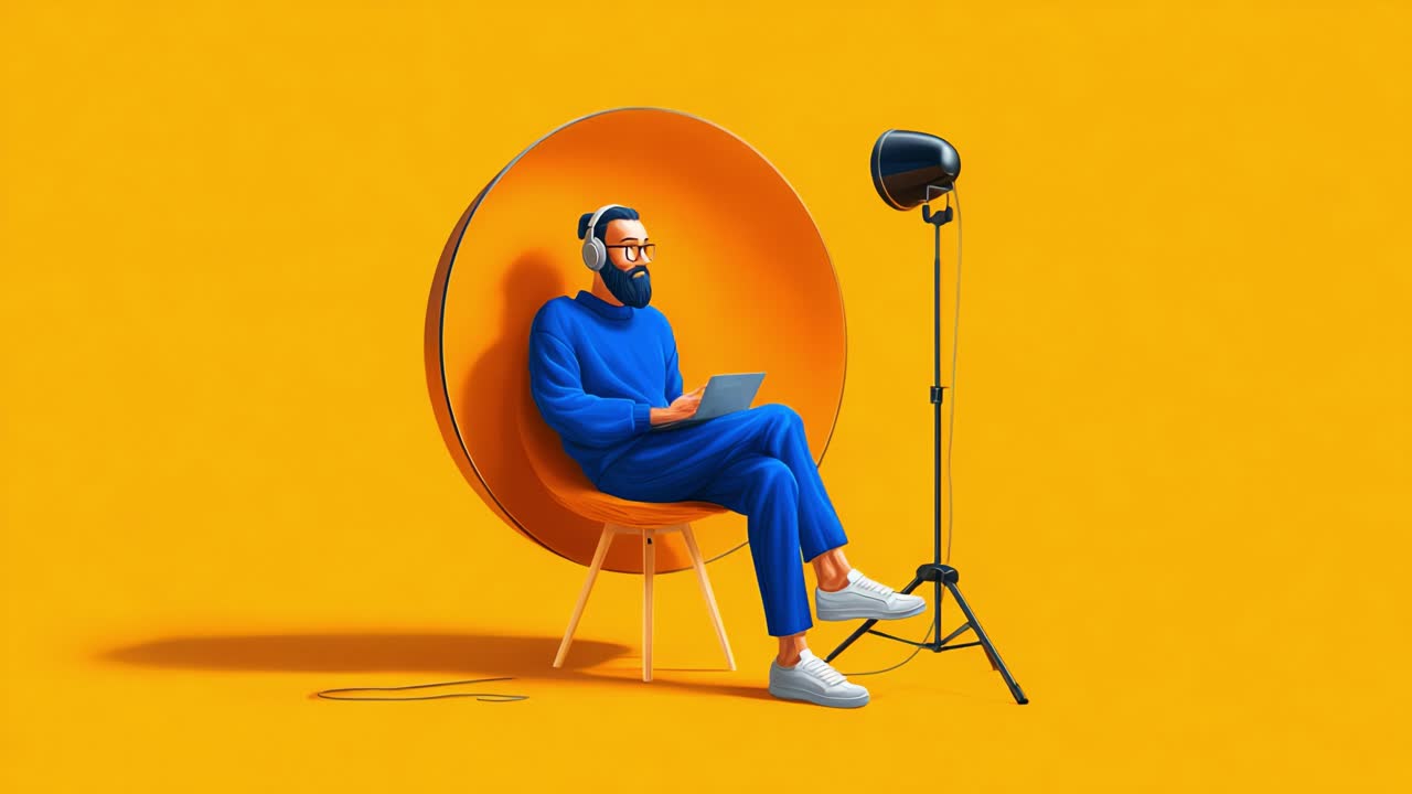 A modern digital workspace featuring a man with headphones, absorbed in his laptop, seated comfortably in a stylish chair against a bright yellow backdrop, conveying creativity and focus