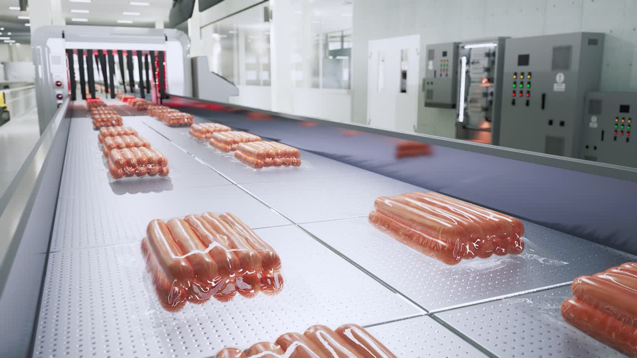 Sausage Production, Packaged Sausage Trays On A Conveyor Belt In A Factory