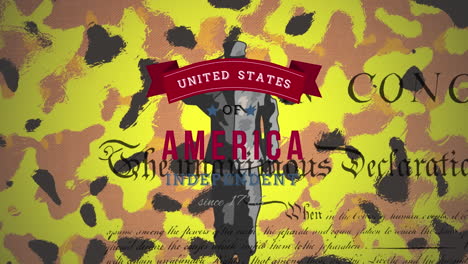 united states of america text over silhouette of soldier against camouflage background