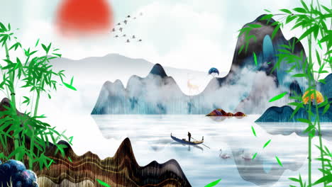 Chinese style color ink landscape bamboo animation material background of beautiful morning sky, mountains, flowers, lake, ancient house with simple animation in Japanese anime watercolour style.