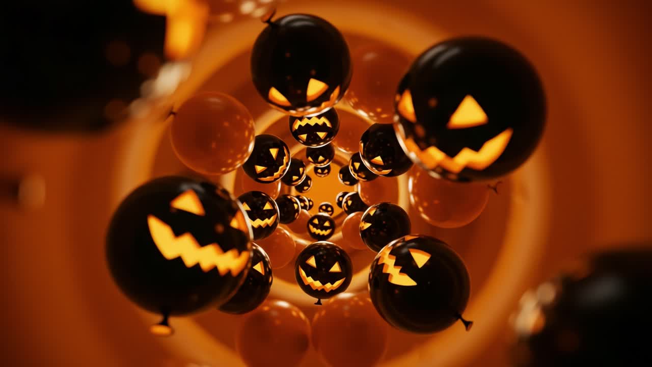 A Spiraling Display of Glowing Halloween Pumpkins Surrounded by Festive Oranges, Creating a Captivating Visual Effect for a Spooky Celebration