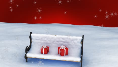 Animation-of-snow-falling-over-two-red-christmas-presents-on-snow-covered-bench