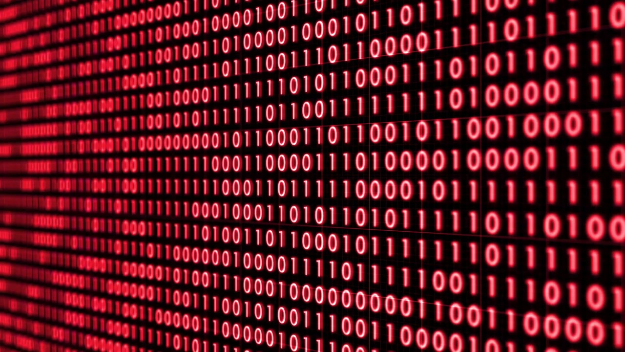 Vertically moving rows of dense red binary code, consisting of 1s and 0s, represent the fundamental data structure of digital communication and computer systems.