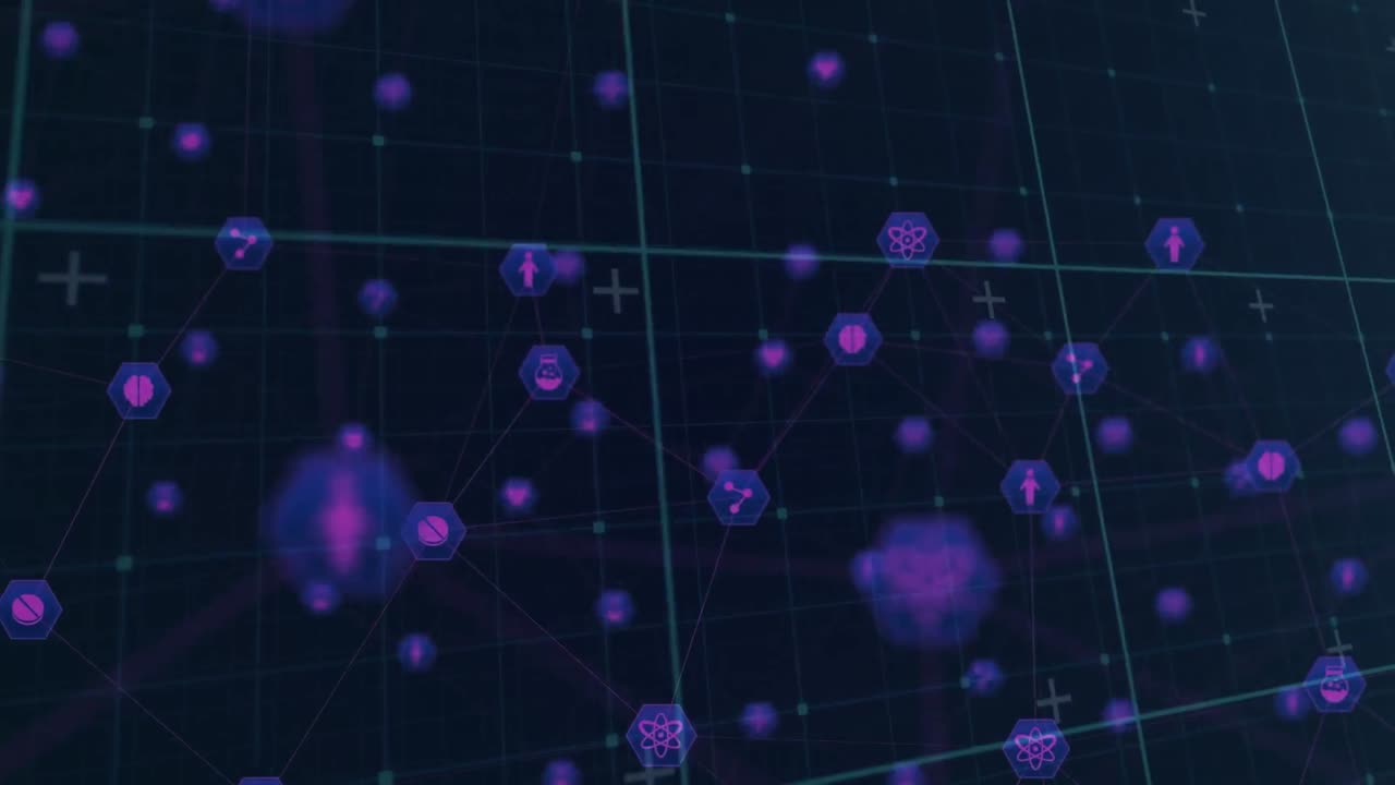 Animation of network of connections with icons on black background