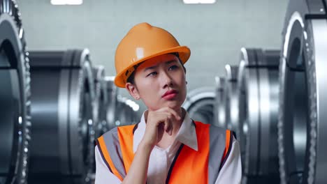 close up of asian female engineer with safety helmet thinking and looking around then raising her index finger while standing in metal factory