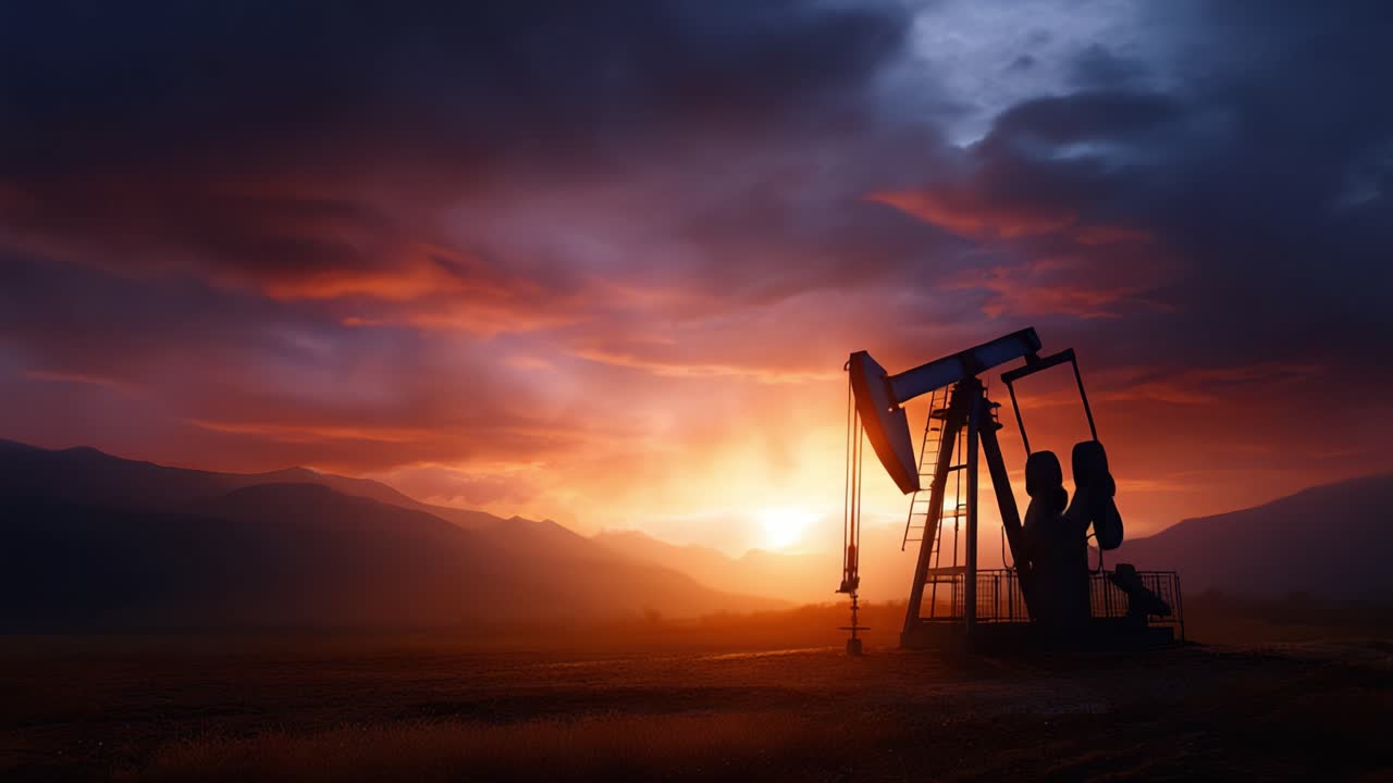 Silhouetted Oil Pumpjack Against Dramatic Sunset with Colorful Skies, Capturing the Essence of Energy Production and Natural Beauty in Perfect Harmony
