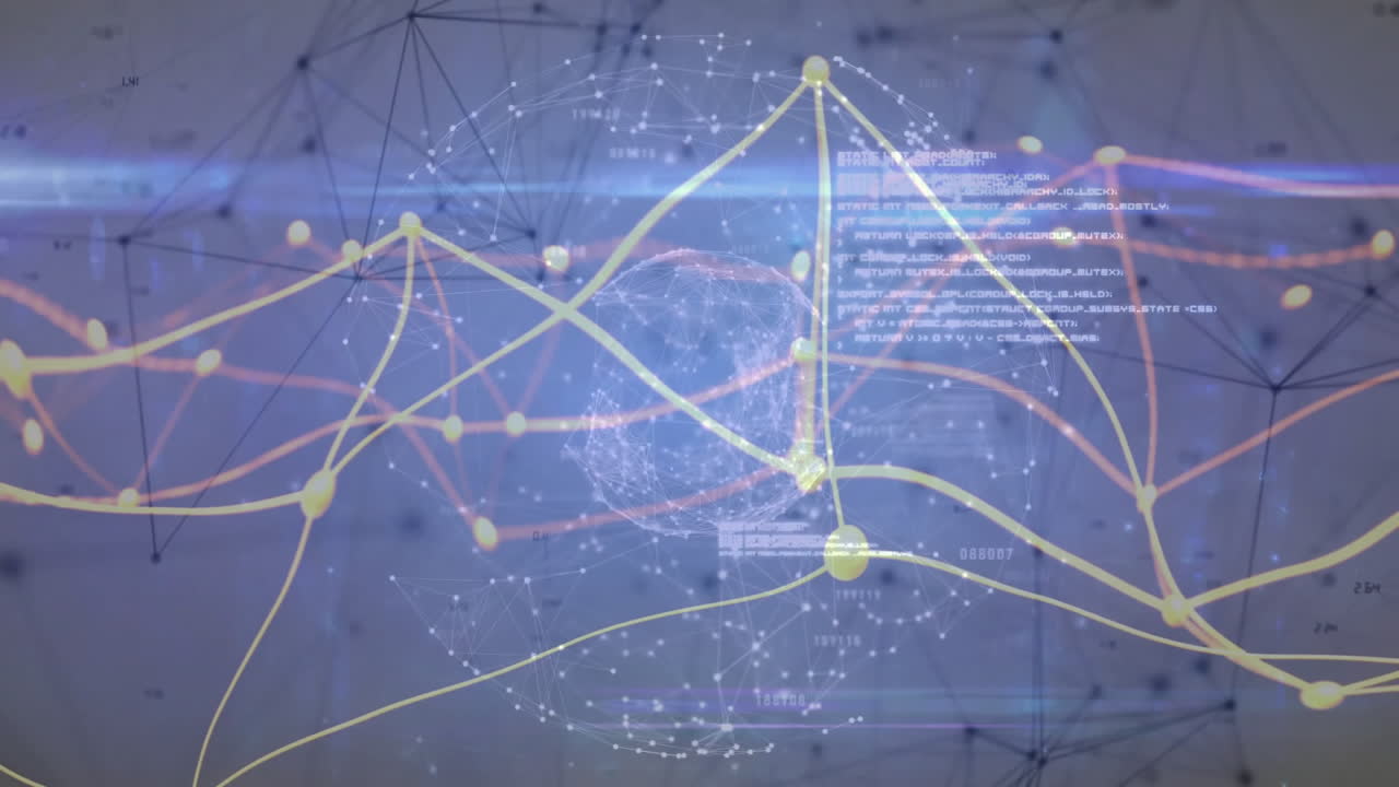 Translucent 3D globe spinning with yellow orange network lines, scattering code and wireframe lines