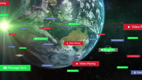 animation of social media notifications processing over globe in space