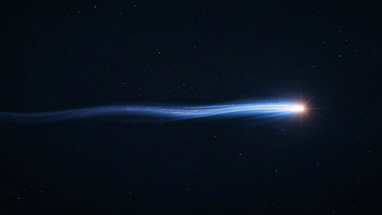 Entering left, orange head trailing blue trail and emitting sparks moving right across star field