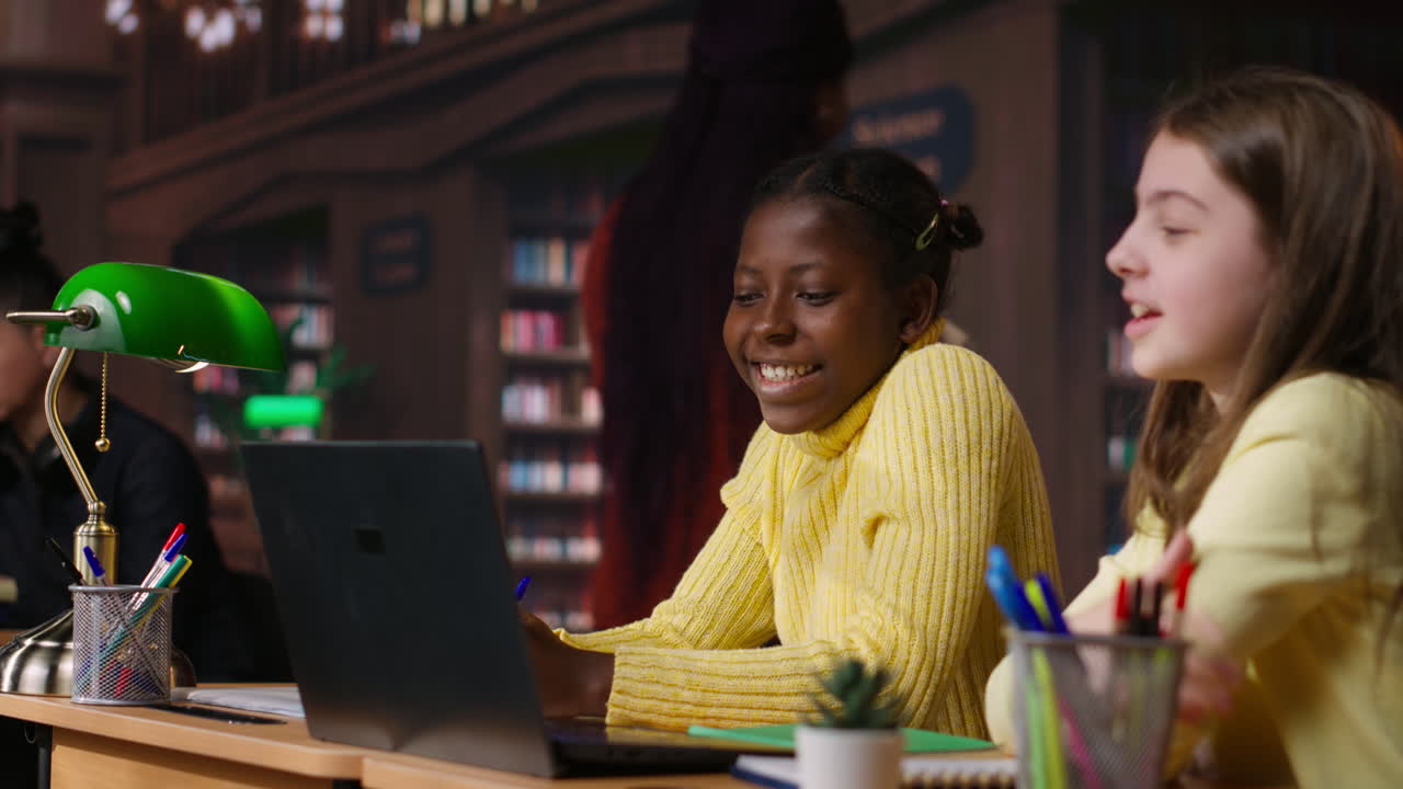 Two girls collaborating on a laptop in a library