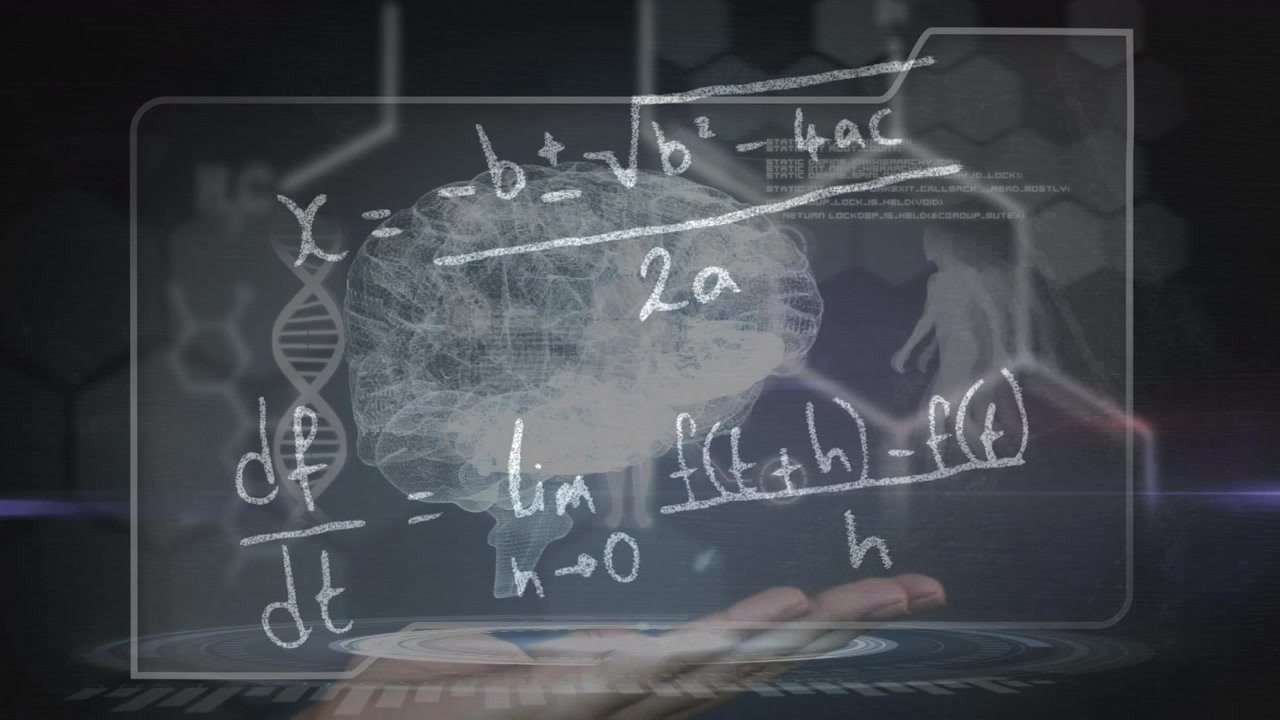 Animation of rotating brain and math formulas on black background with woman hand