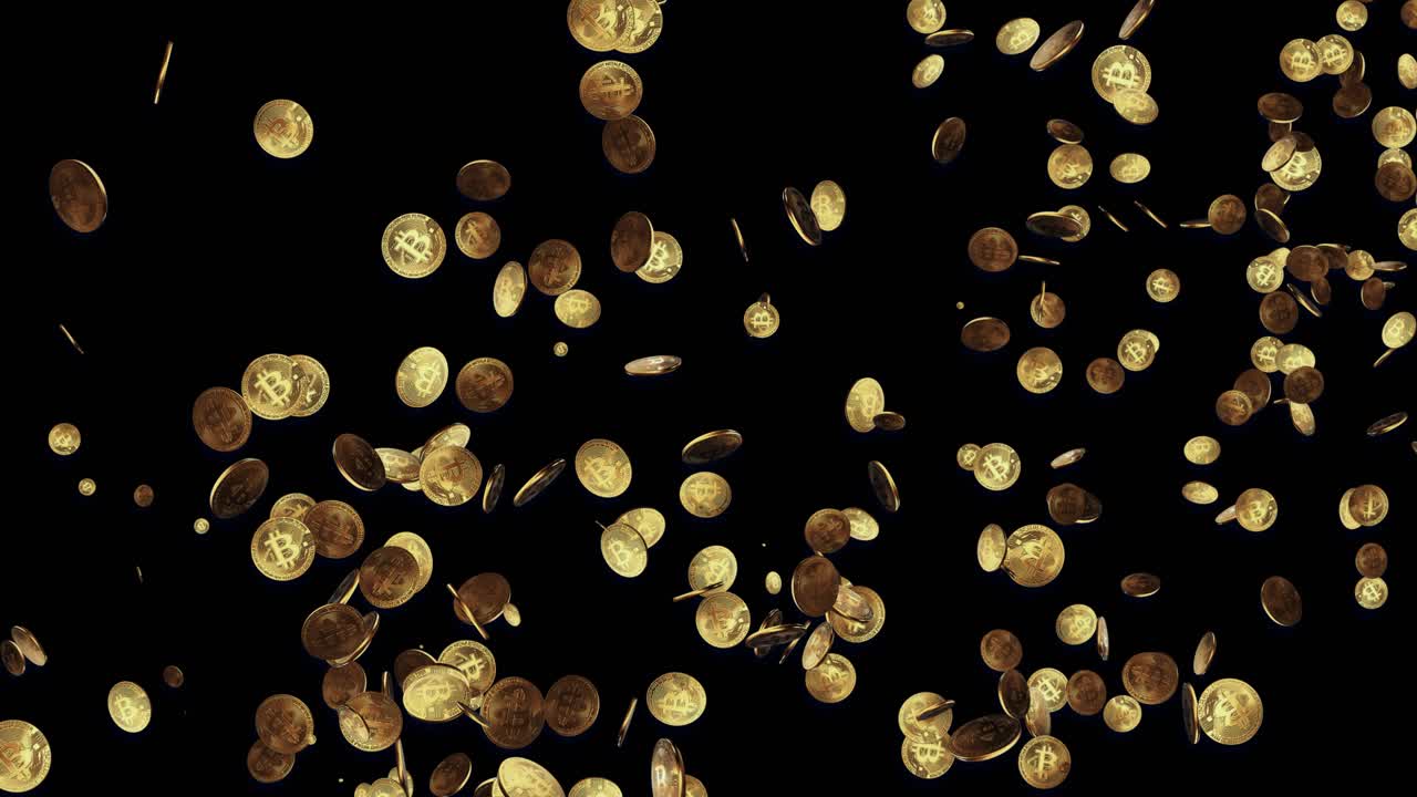 3d render design of gold coins falling on black loop background green screen mining and financial