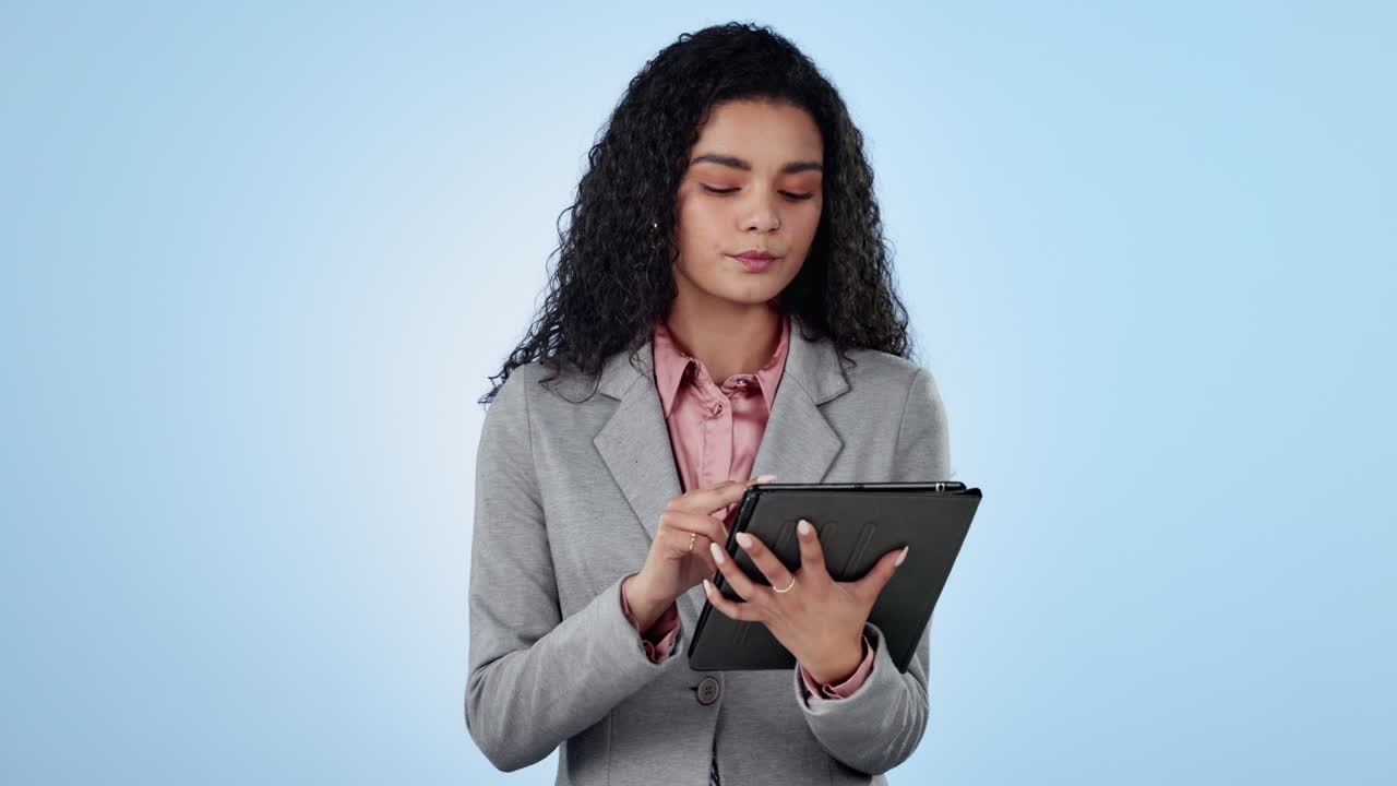 Business, woman and tablet in studio for internet