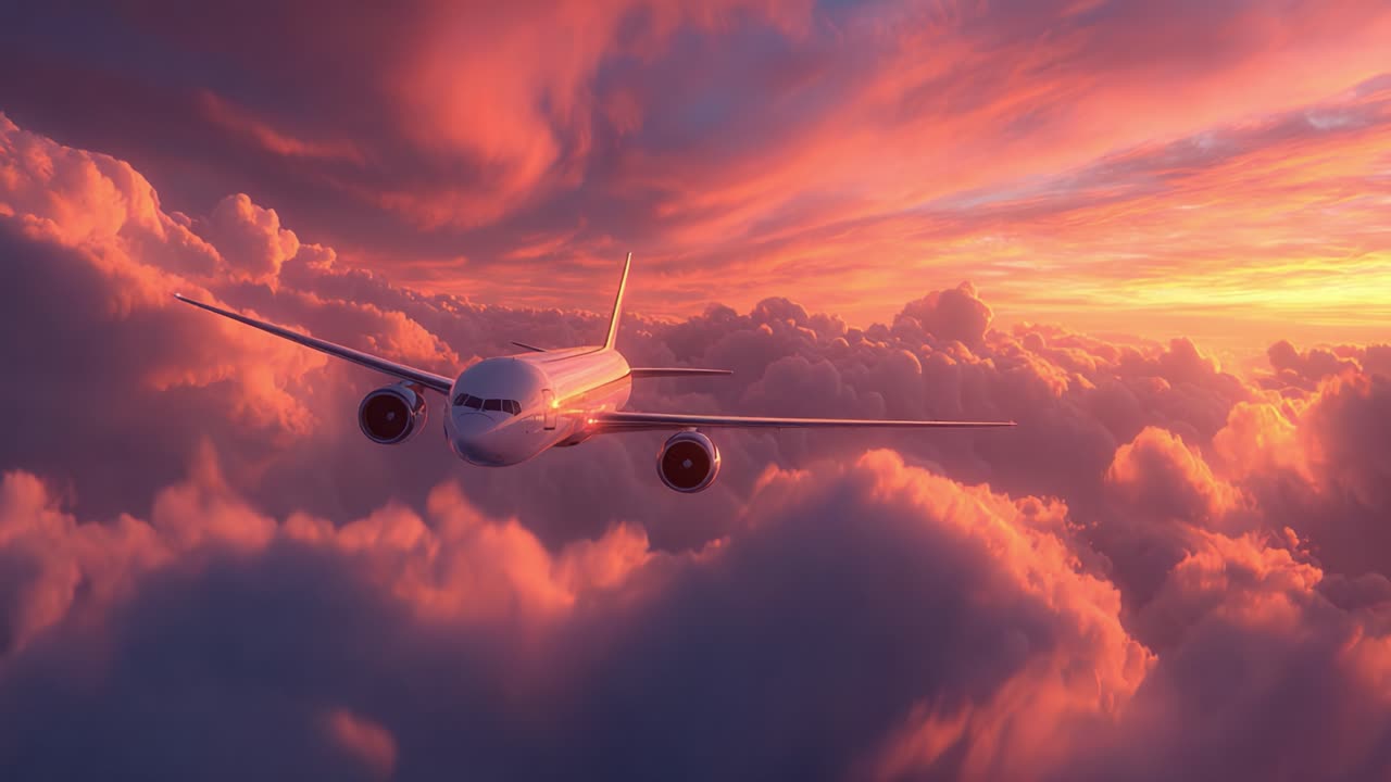 Un viaggio mozzafiato attraverso cieli vivaci: un aeroplano che solca nuvole meravigliose al tramonto, illuminate da maestose sfumature di arancione e rosa