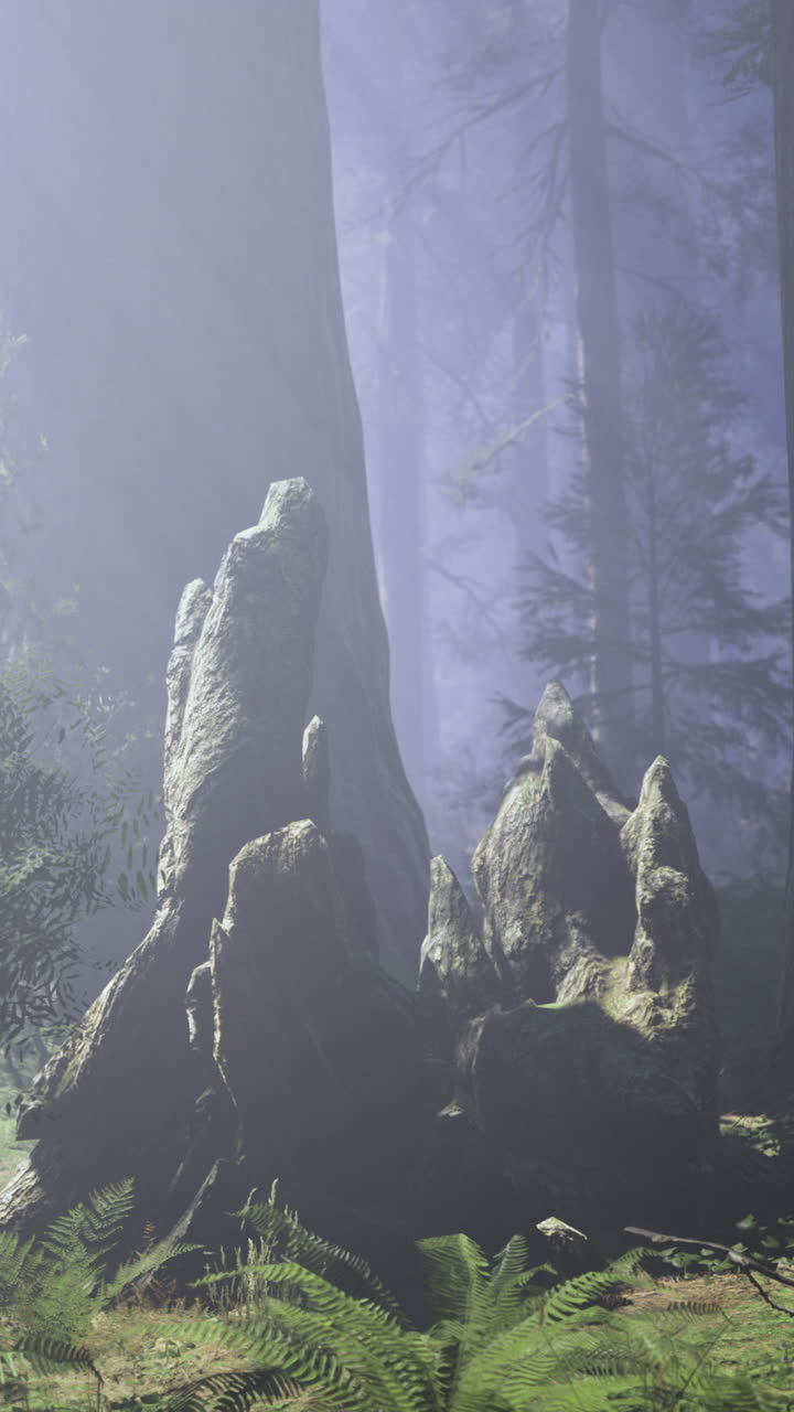 Rock formations in a forest during foggy morning light