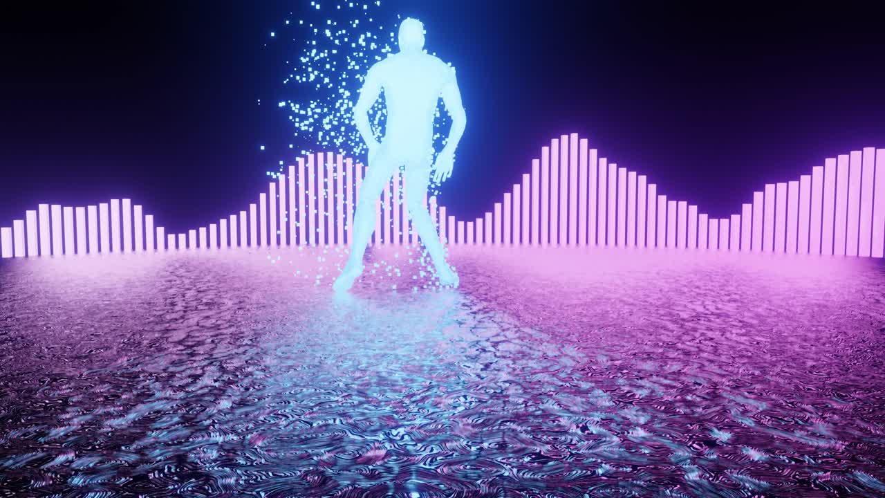 Neon Human Figure in a Digital Landscape