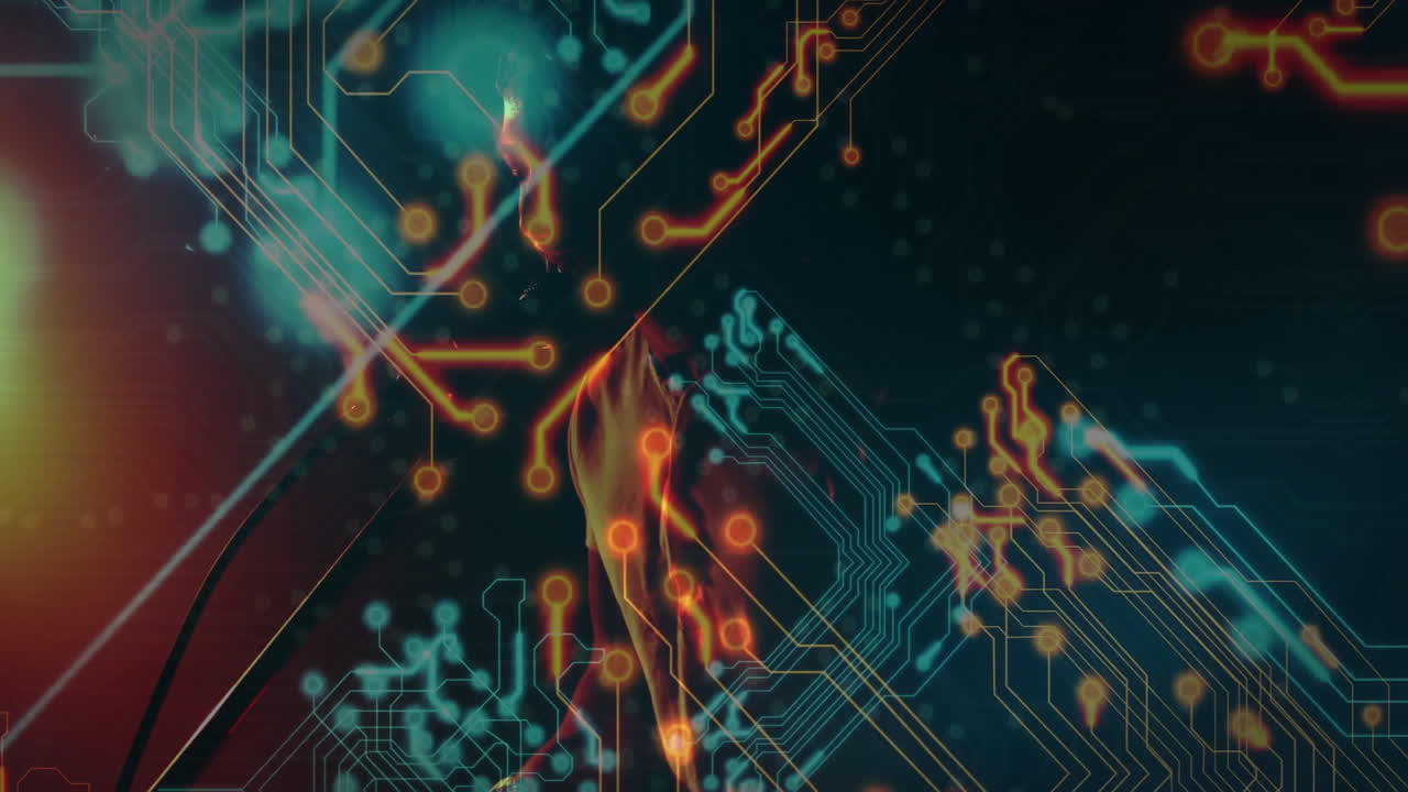 Male athlete holding tennis racket in technology background, glowing circuit nodes floating around