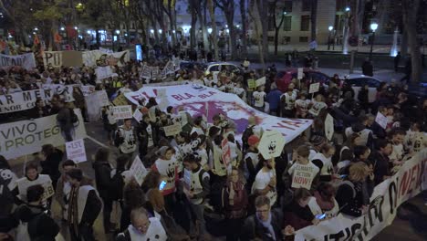 a pan shot towards left over the people in a protest demonstration because climate change in madrid