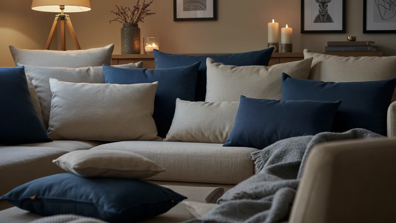 A Cozy Living Room Setting with Soft Pillows, Warm Lighting, and Artistic Touches, Creating a Relaxed Atmosphere Perfect for Leisure and Comfort