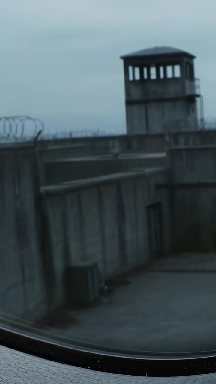 Vertical video: Filming car cam showing guard tower, wall, razor wire at prison via curved window