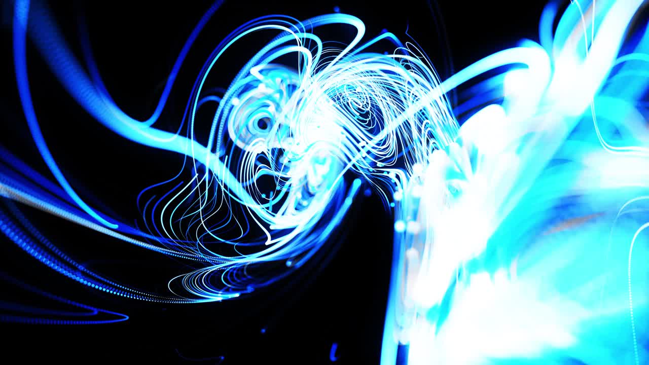 líneas rápidas de rayas de luz. flujo de partículas forma líneas azules rizadas como senderos de luz brillante, líneas forman patrón giratorio como ruido de rizado. animación 3d abstracta como brillante creativo festivo bg