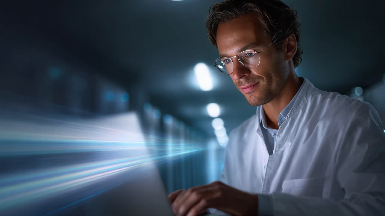 Focused Researcher in Lab Coat Analyzing Data on Laptop with High-Tech Environment Featuring Dynamic Light Effects and a Professional Atmosphere of Innovation