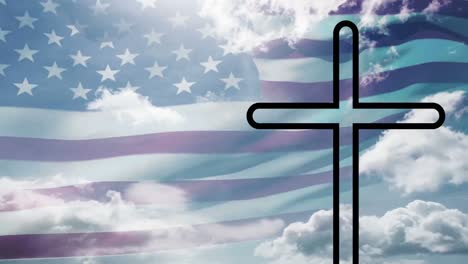 Animation-Des-Kreuzes-Und-Der-Nationalflagge-Amerikas,-Die-über-Dem-Bewölkten-Himmel-Im-Hintergrund-Weht