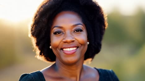 a beautiful woman with an afro smiles brightly in the sun.