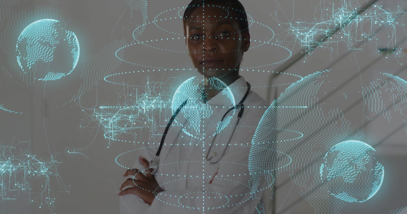 Holographic data appearing, clinician standing, globes shifting, smile widening to show med tech