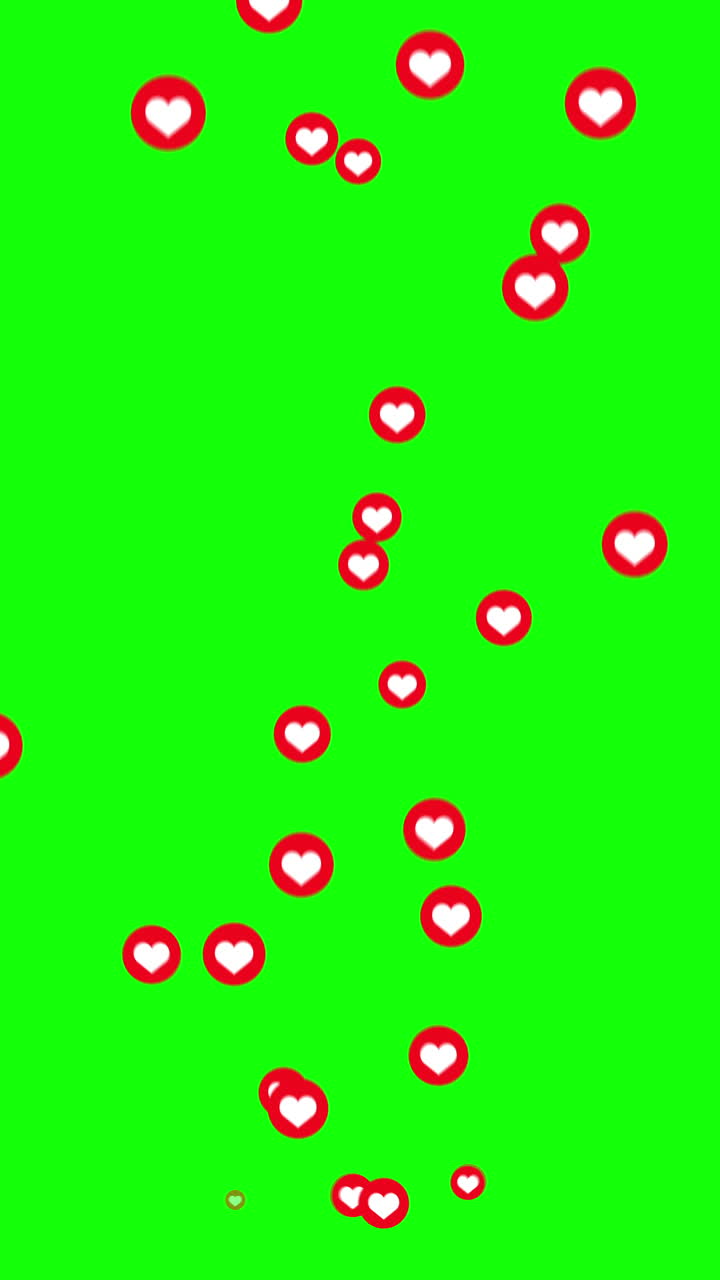 Symbol of hearts in a red circle floats from the bottom up on a green screen. Animation background for social networks. Like sign. Vertical video.