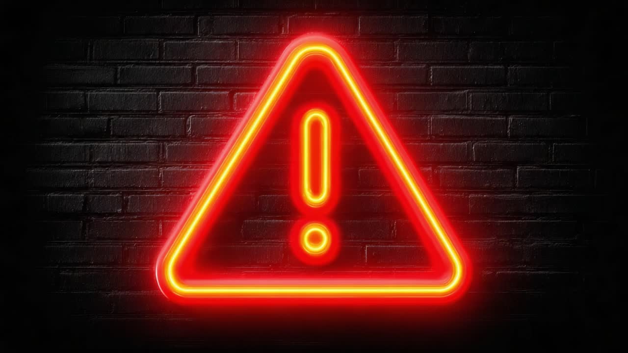 Bright Neon Warning Sign Illuminated on Dark Background: A Striking Visual Alert with Unique Symbolism and Attention-Grabbing Color Contrast for Safety Awareness