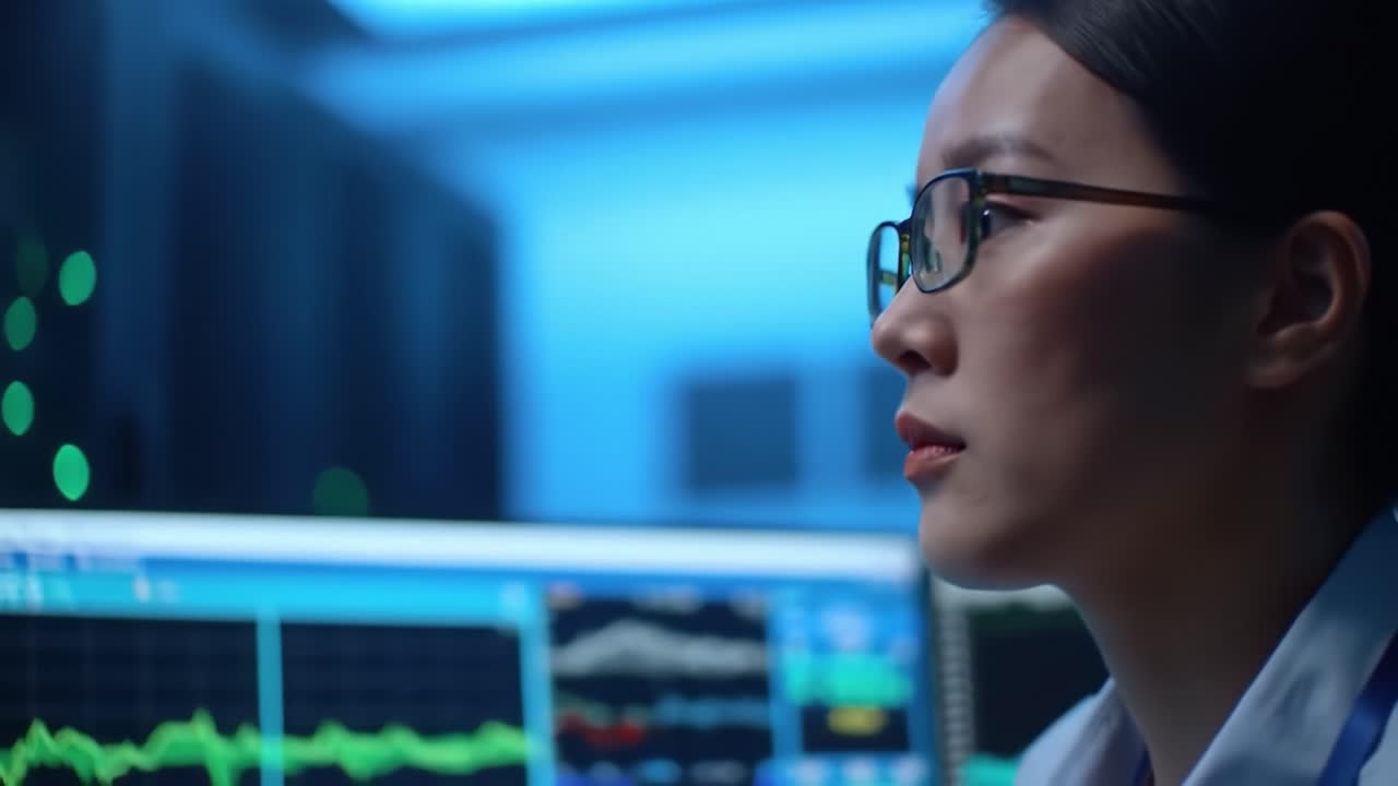 A Focused Analyst Observes Data Trends in a High-Tech Environment, Analyzing Market Fluctuations Through Graphical Interface and Digital Displays