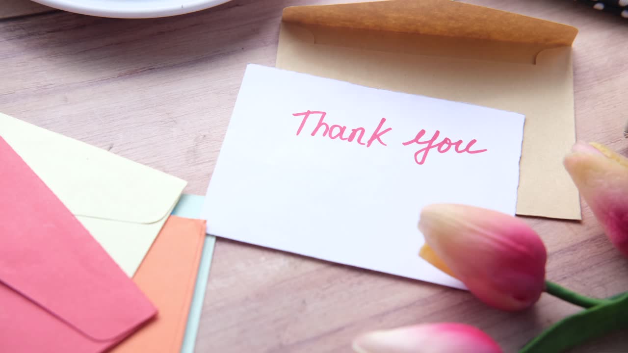 nota de agradecimiento con tulipanes y sobres