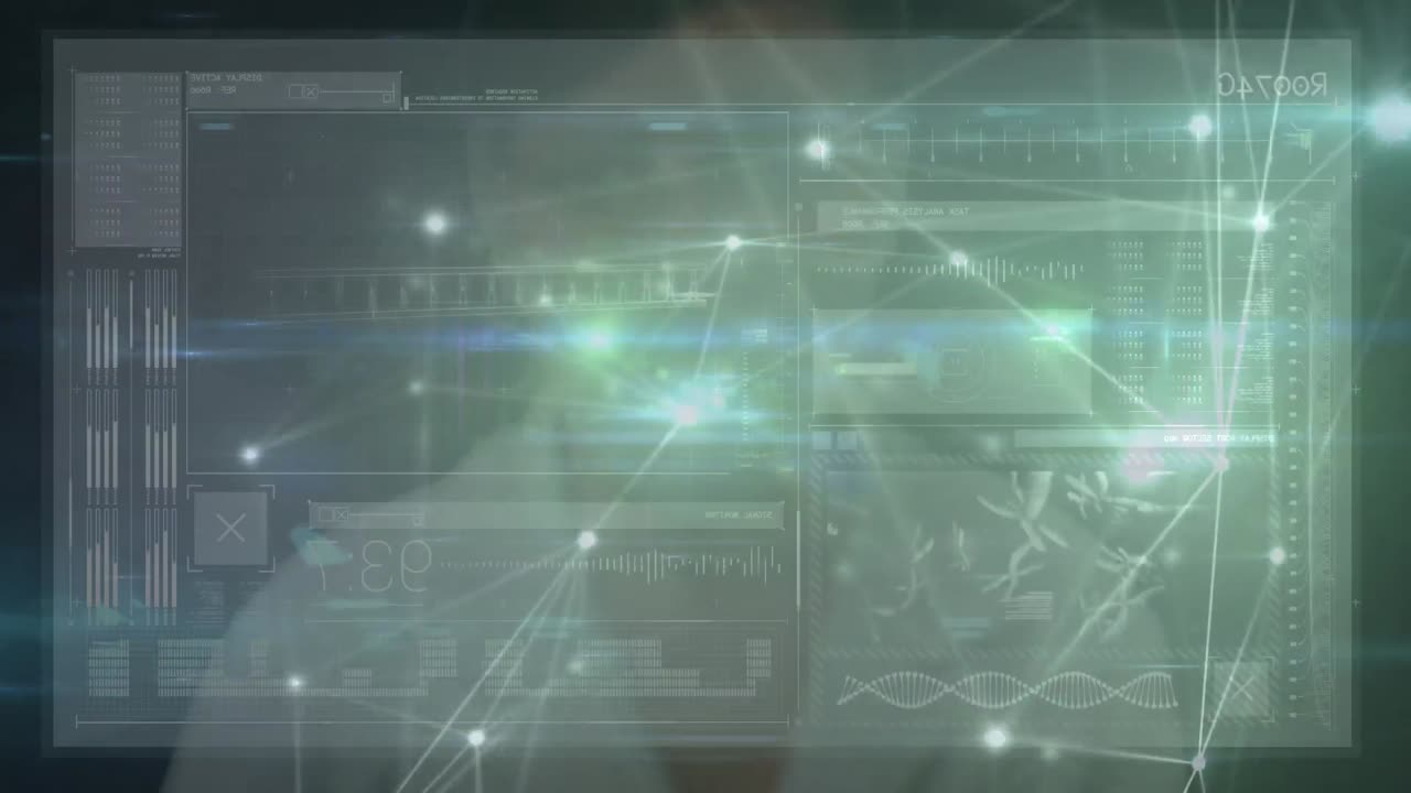 animación de la red de conexiones y datos diversos sobre la pantalla táctil de la mujer
