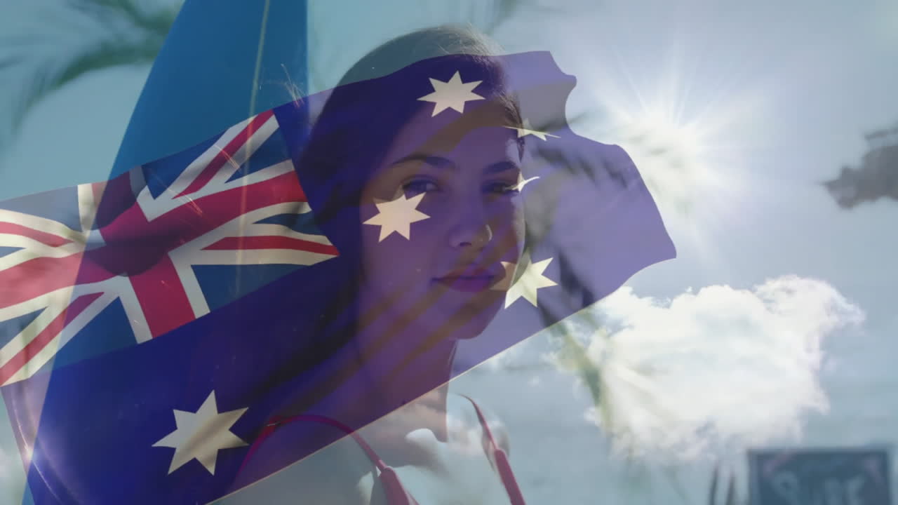 Smiling woman with Australian flag animation overlay against sunny sky background