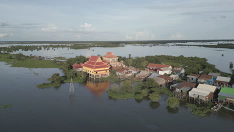 a bright temple and clustered stilt houses line tonlé sap’s edge under a calm sky
