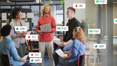 social media engagement animation over diverse business team in modern office