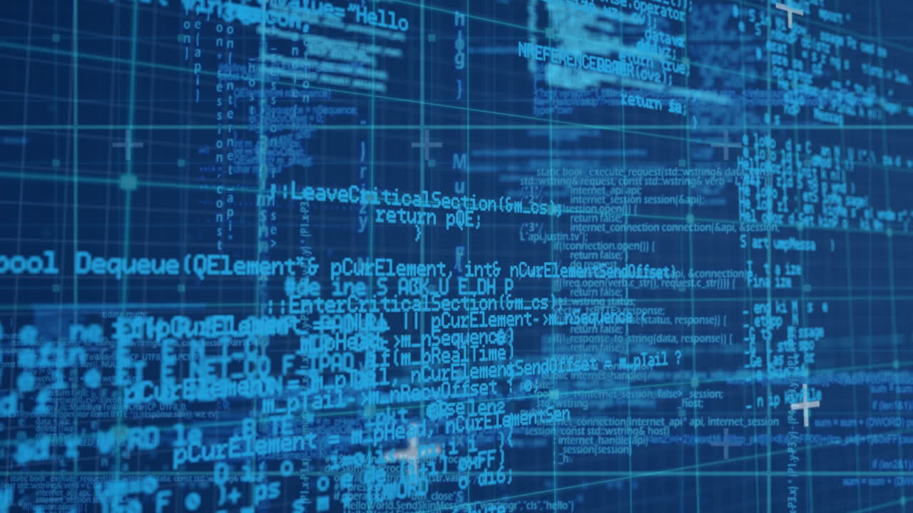 Digital animation of data processing over grid network and square shapes on blue background