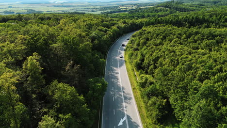 twisting path in lush forest. vehicles navigate a curving road surrounded by dense green trees under a clear sky in europe