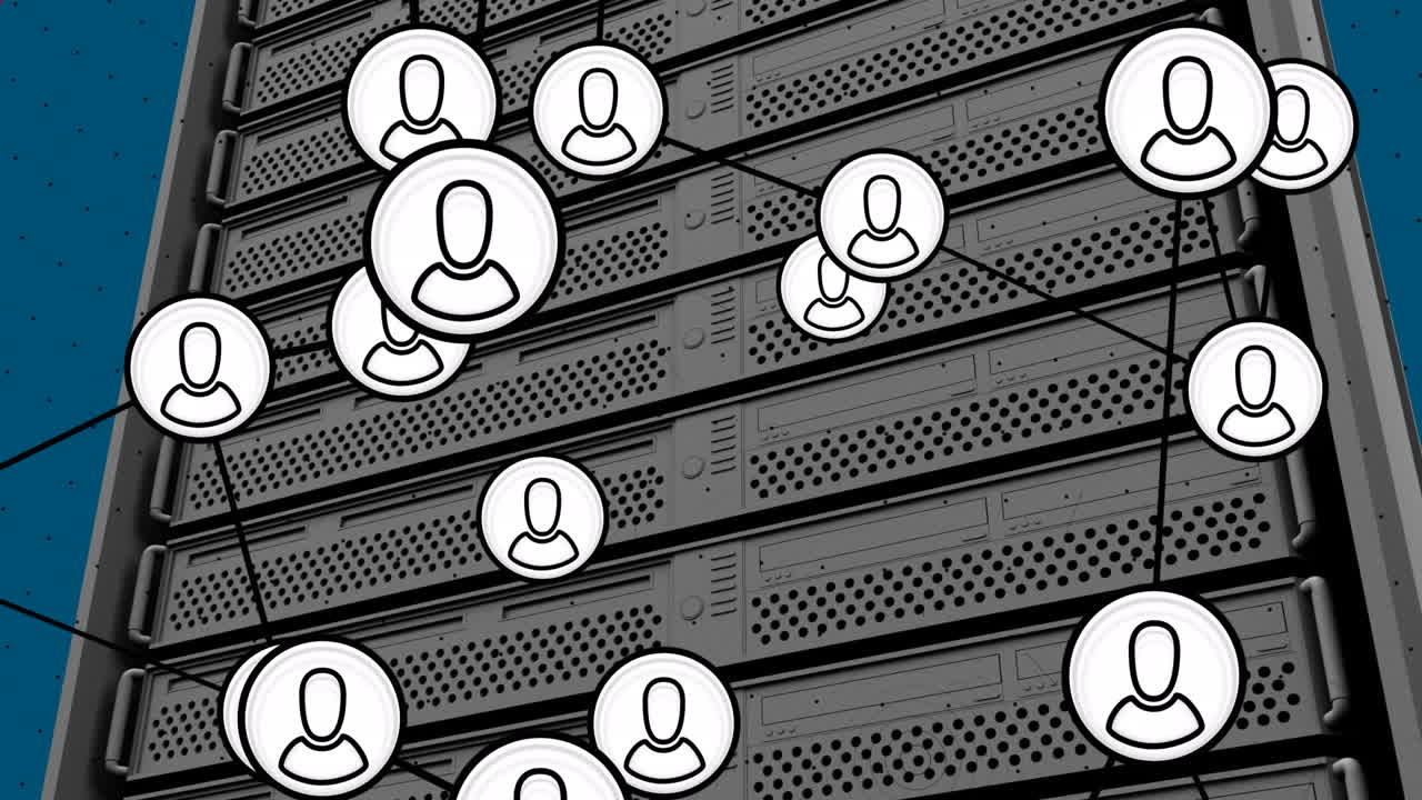 animación de la red con iconos sobre el servidor de computadora