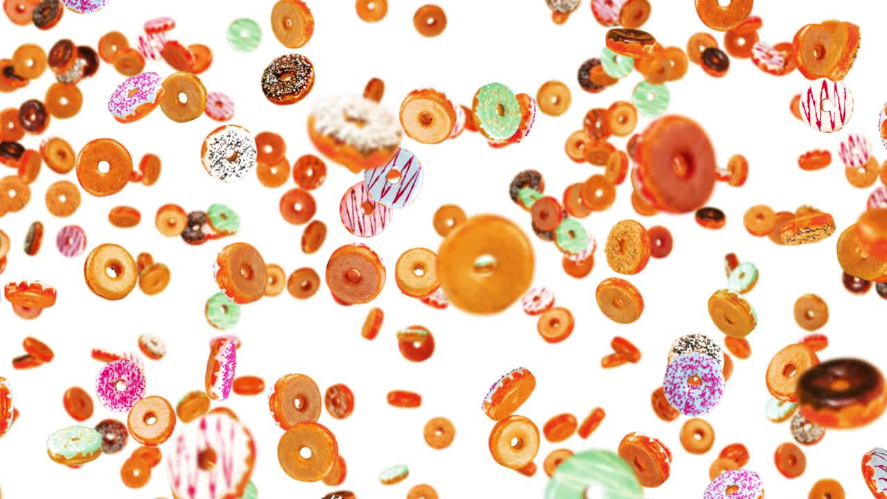 색 배경에 많은 다채로운 도을 날아. 도 케이크, 과자, 디저트. 도 회전의 3d 애니메이션. 루프 애니메이션.