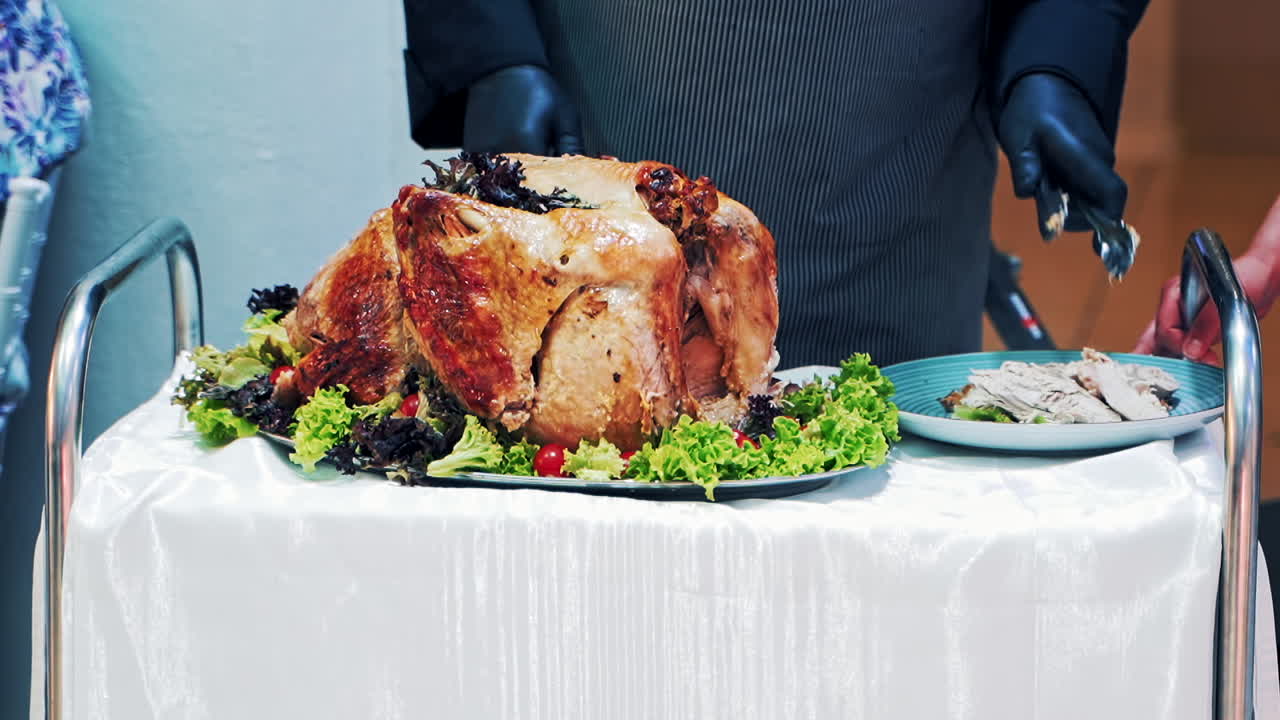 Chef serving grilled chicken. Chef presenting and serving his roast chicken