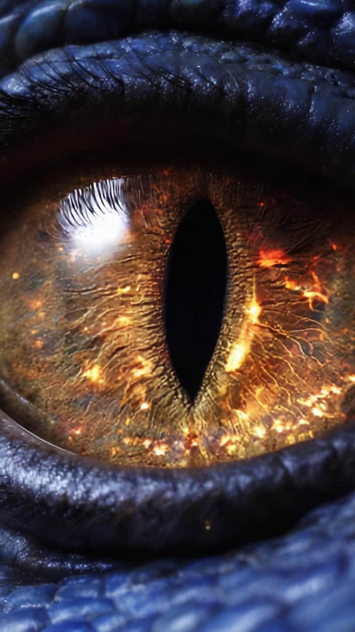 Primer plano del ojo de un dragón místico con colores de fuego y texturas intrincadas que muestran una belleza enigmática y profundidad en una perspectiva de otro mundo