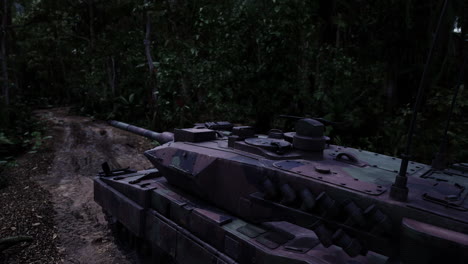tanque navegando a través del denso terreno de la selva en medio de la vegetación exuberante
