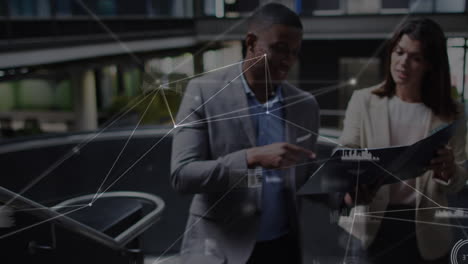 animation of network of connections over diverse business people in office