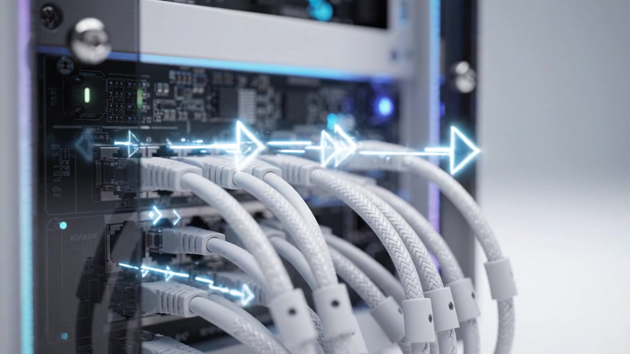 Advanced Network Connectivity Displayed in a Modern Server Rack with Cleanly Arranged Cables and Luminous LED Indicators for Enhanced Data Transmission Efficiency