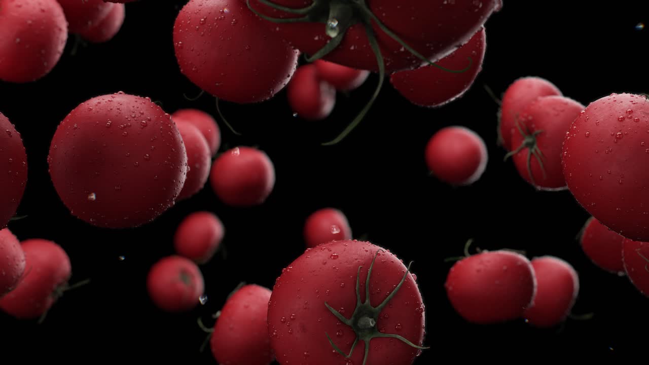 Falling tomatoes with water drops