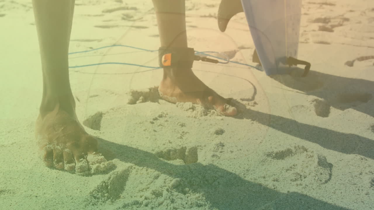 surfer standing on sandy beach holding surfboard leash, with animated health graphs and wave icons